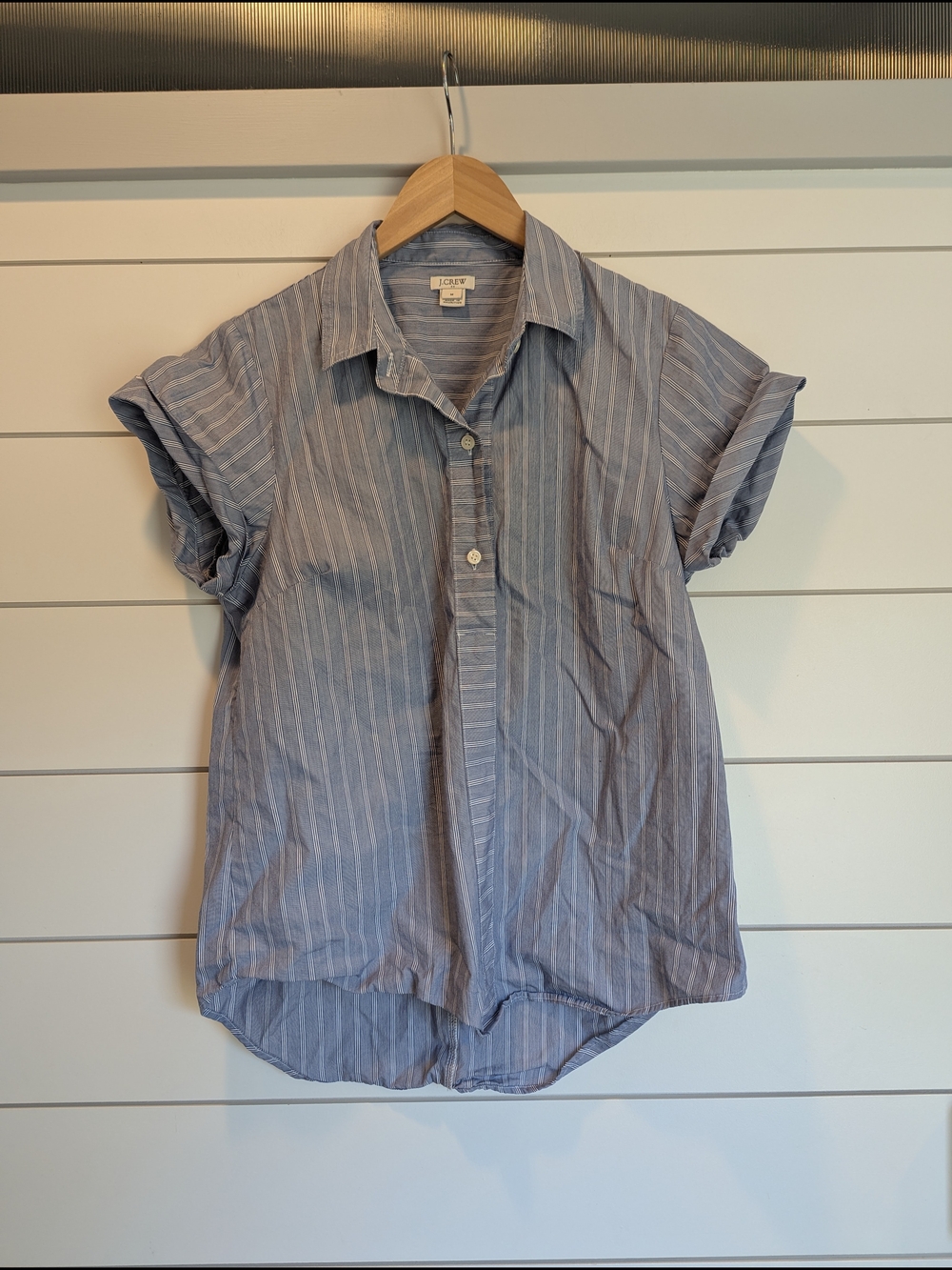 J.Crew Poplin Cotton Popover Short Sleeve Shirt Medium Blue Stripe Collared